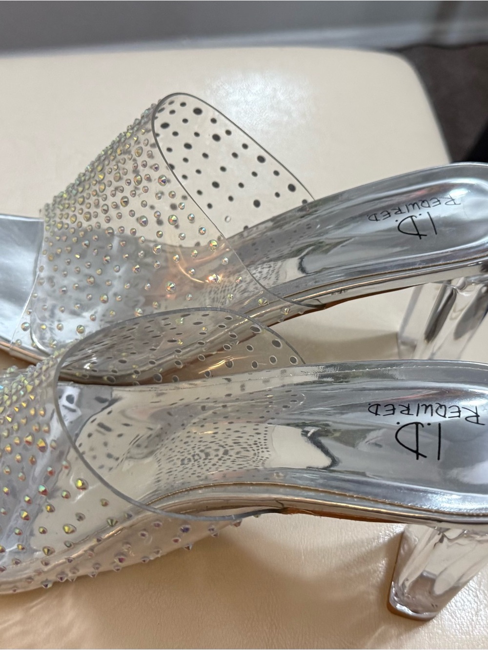 Rewured Clear Rhinestone Mule Heels in Silver